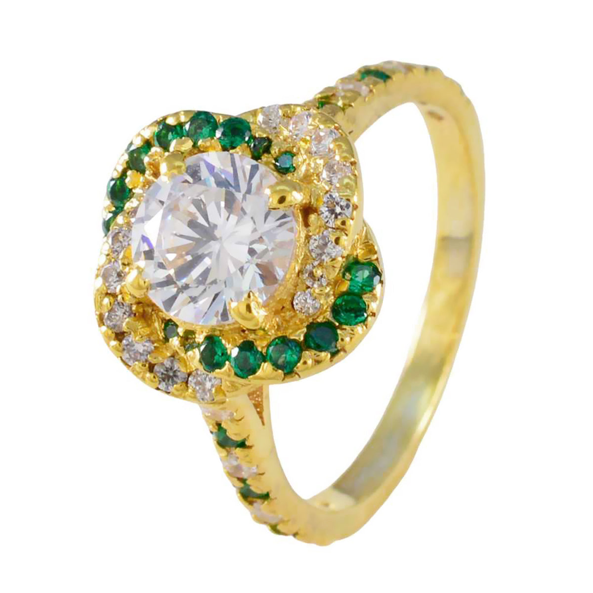 Rosa White Halo Engagement Ring with Green Accents