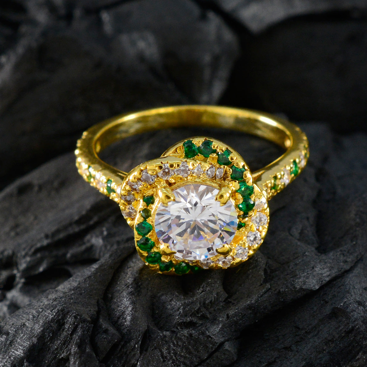 Rosa White Halo Engagement Ring with Green Accents