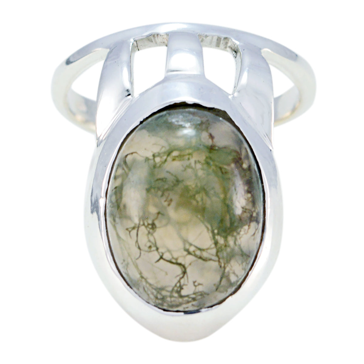 Andrea white solitaire signet ring featuring a polished silver band with an oval green gemstone centerpiece