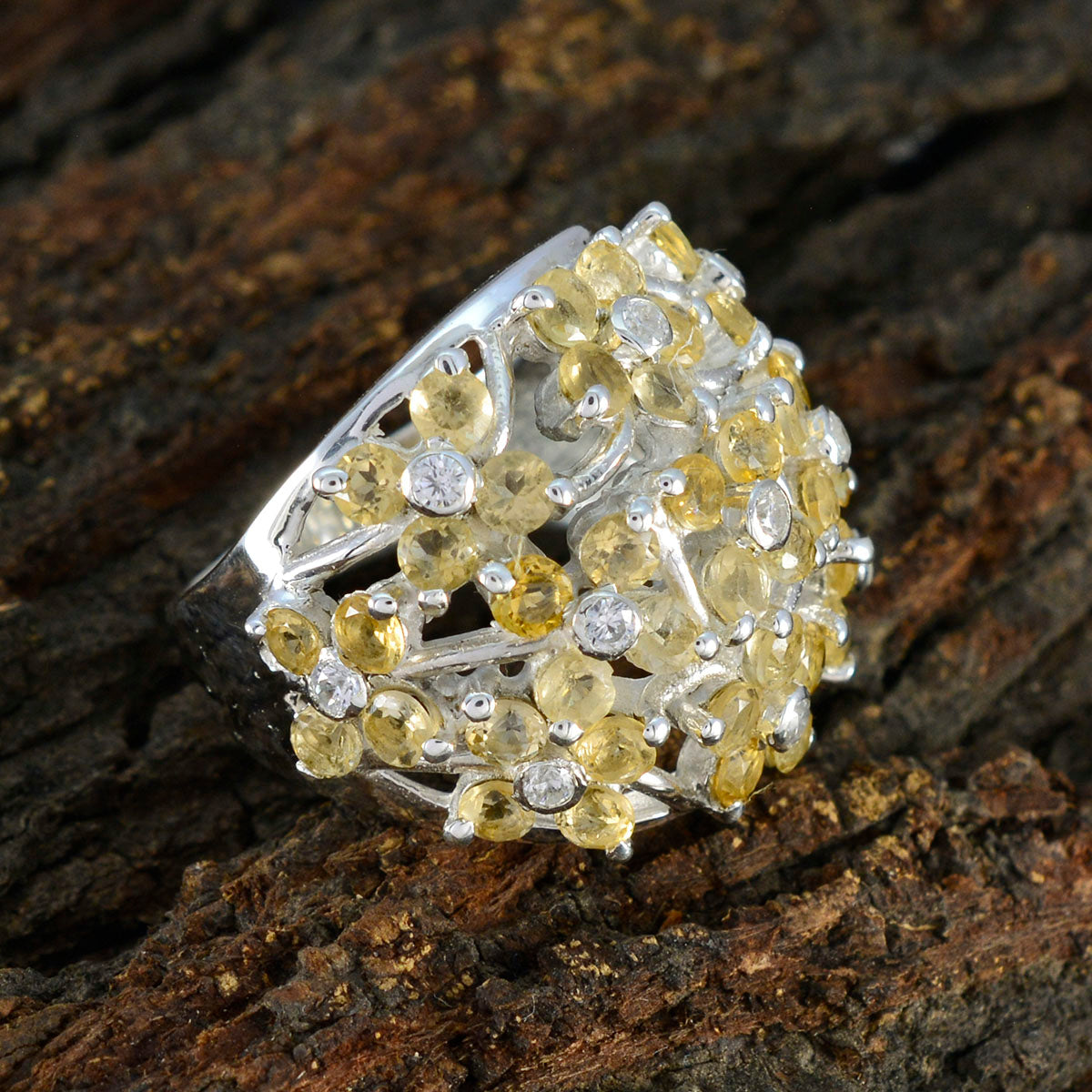 Elena yellow floral gemstone ring in sterling silver with clustered yellow gems and diamond accents