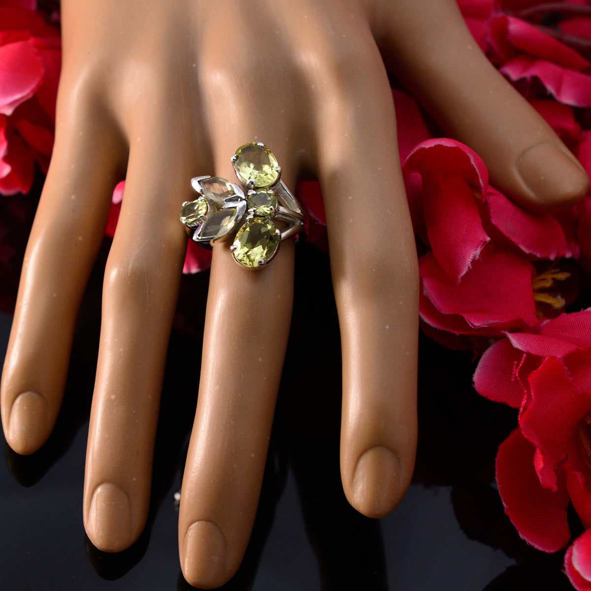 Aria yellow gemstone ring for women featuring multiple oval yellow stones on silver band