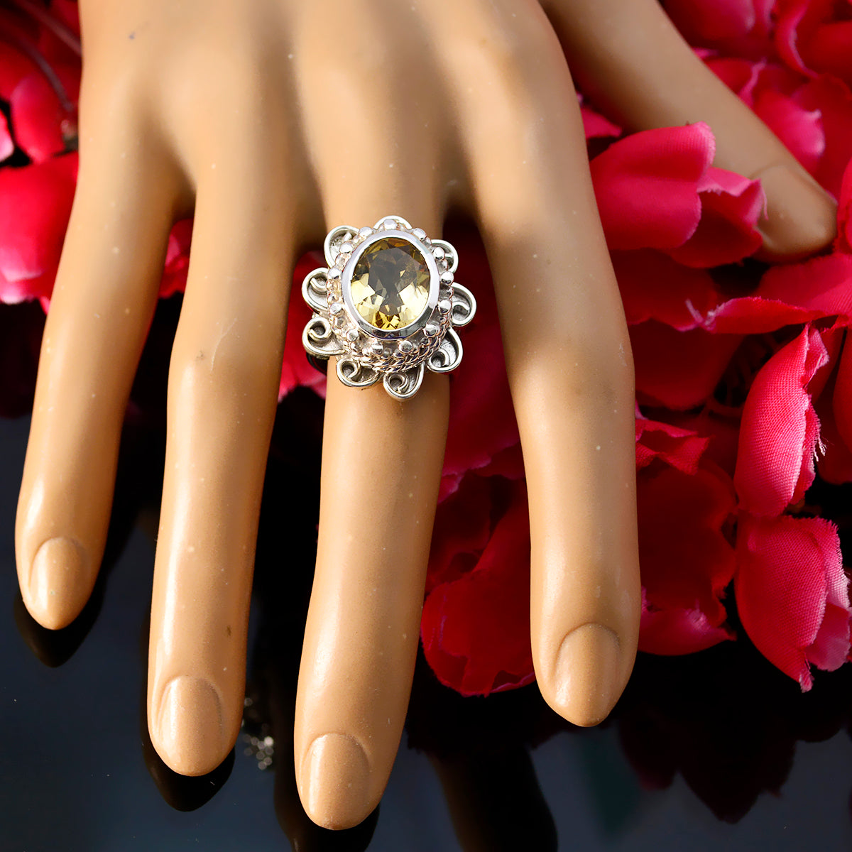 Sarah Yellow Solitaire Ring with Intricate Silver Design