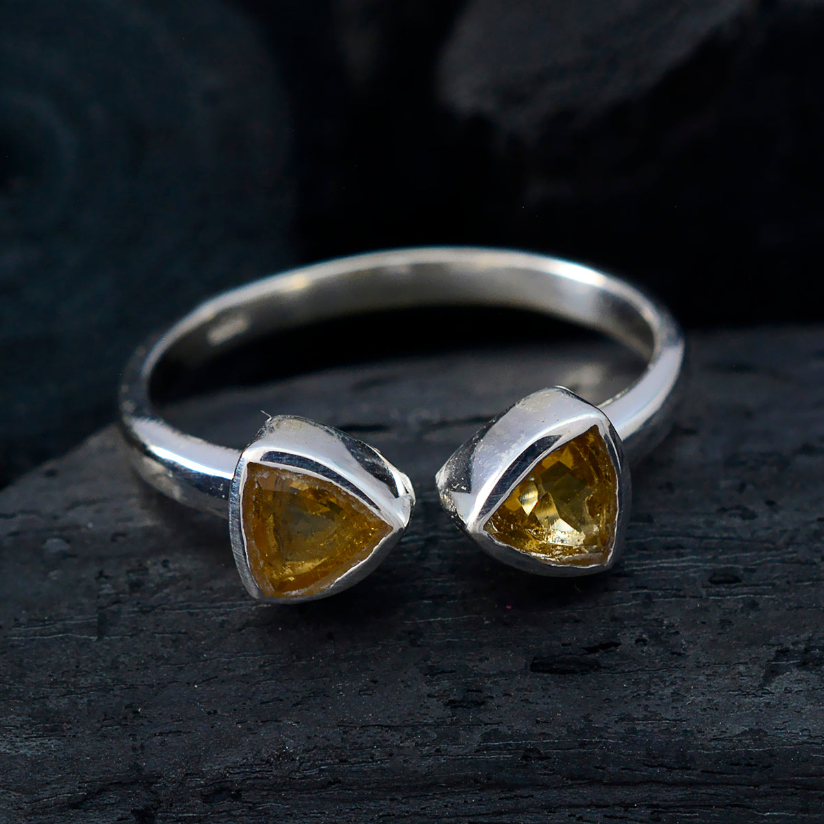 Julia yellow toi et moi ring sterling silver open band with two yellow triangular gemstones handcrafted