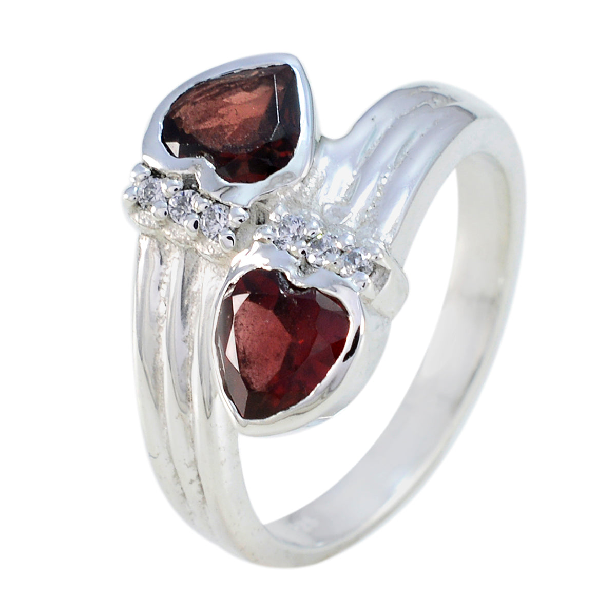 Daniela silver ring featuring two heart-shaped red gemstones and small clear stones abstract red gemstone ring
