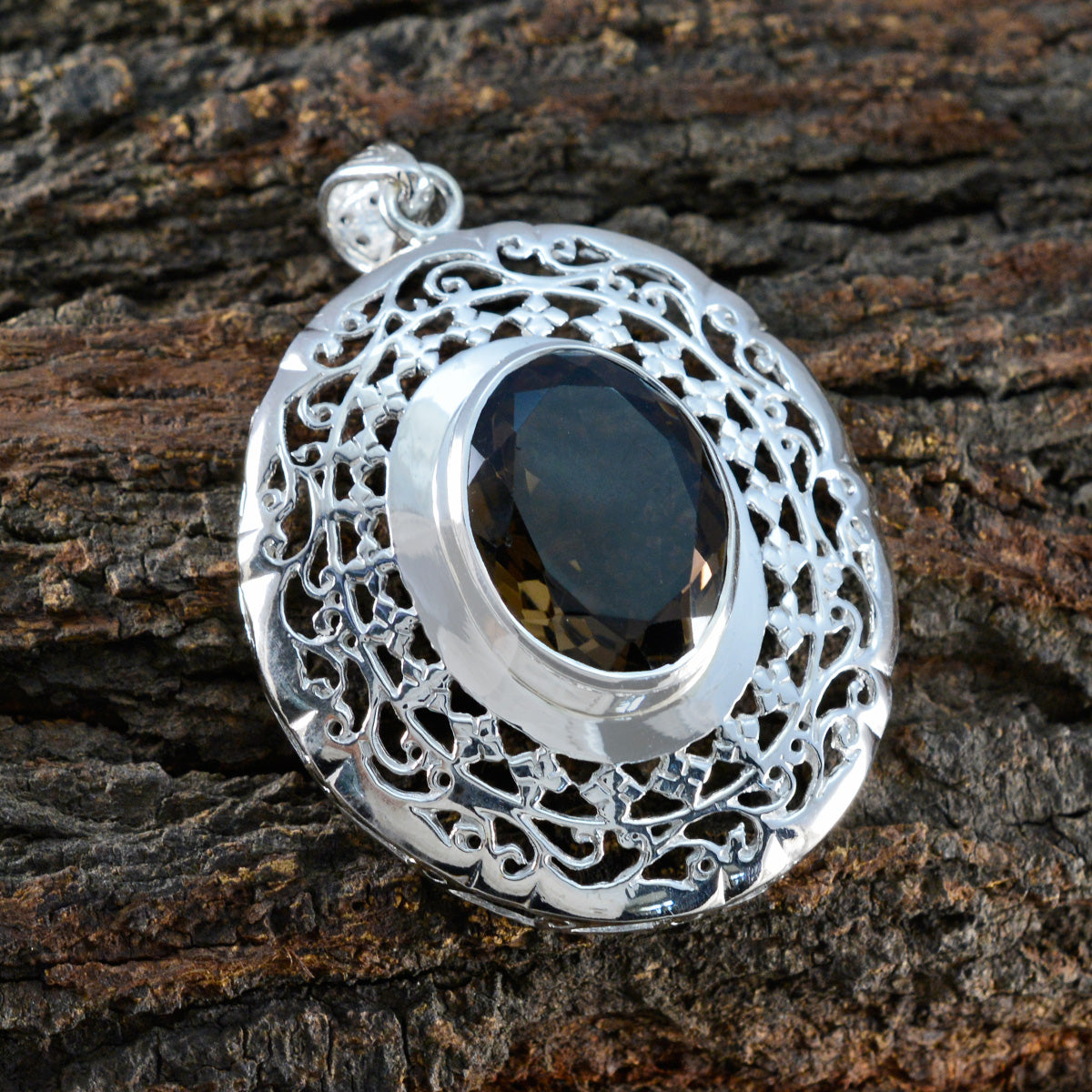 Victoria Art Deco Statement Pendant with Gemstone Smoky Quartz Brown Brown