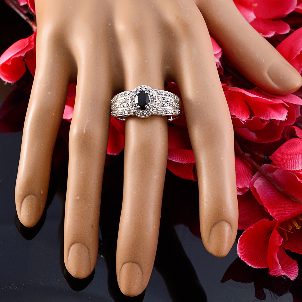Sara Black Halo Ring for Women with Sparkling Stones