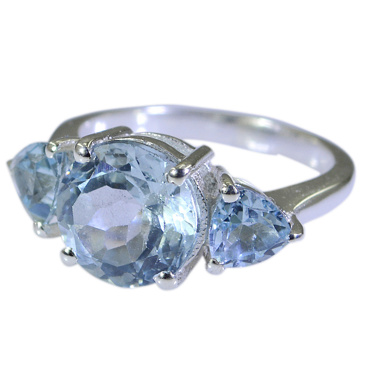 Chloe blue gemstone trilogy ring with three sparkling blue stones set in silver band