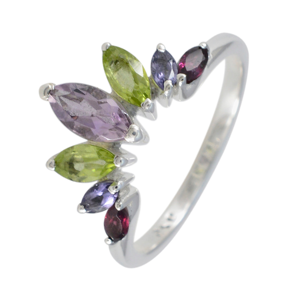 Elena multicolor gemstone ring with marquise-cut amethyst green peridot and purple stones on silver band