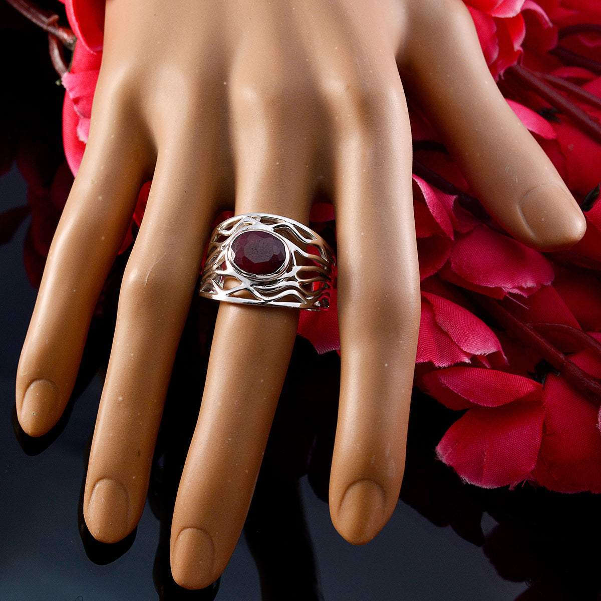 Greta Red Solitaire Ring with Elegant Silver Design