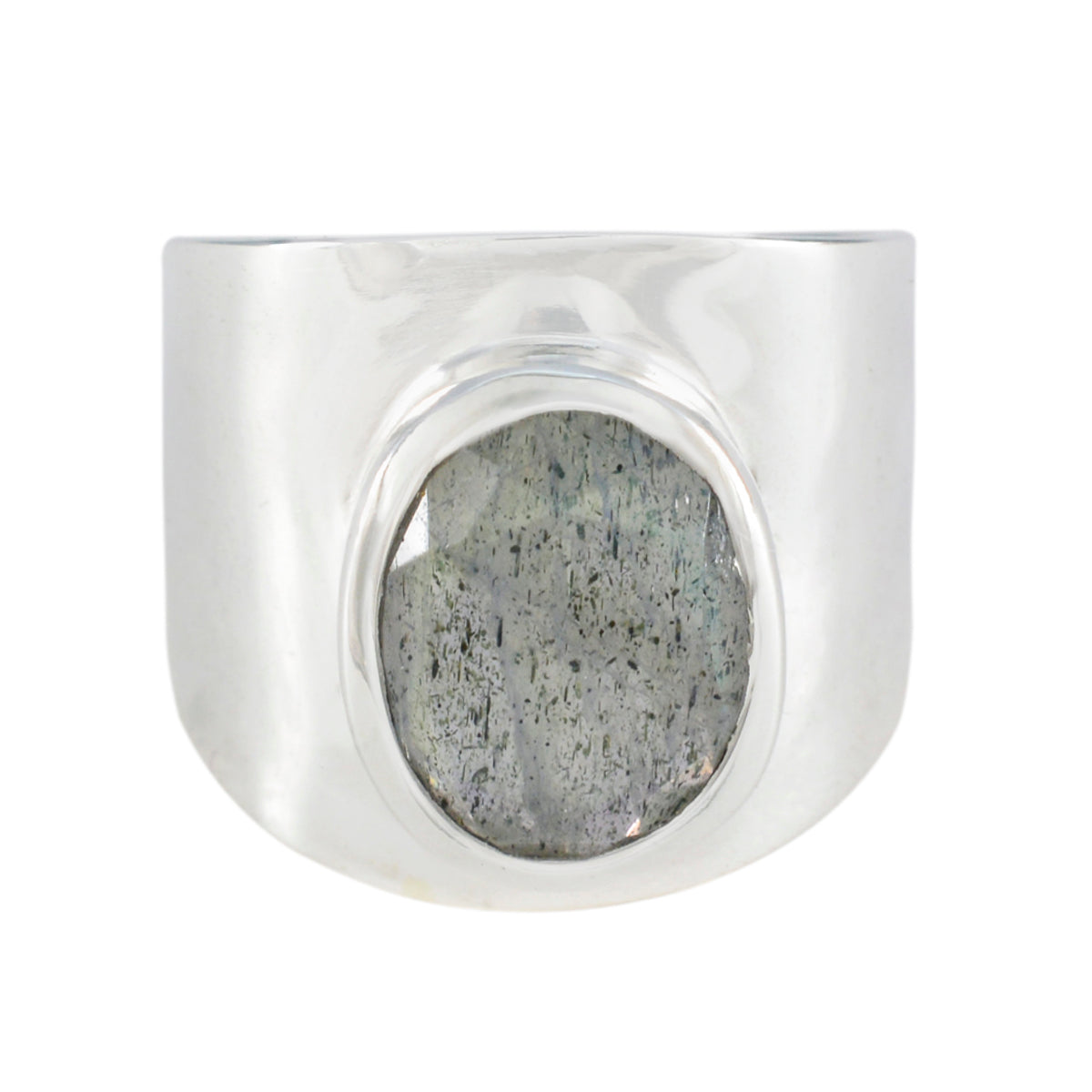 Araya grey solitaire ring for women with wide silver band and oval stone centerpiece