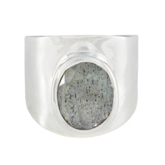 Araya grey solitaire ring for women with wide silver band and oval stone centerpiece