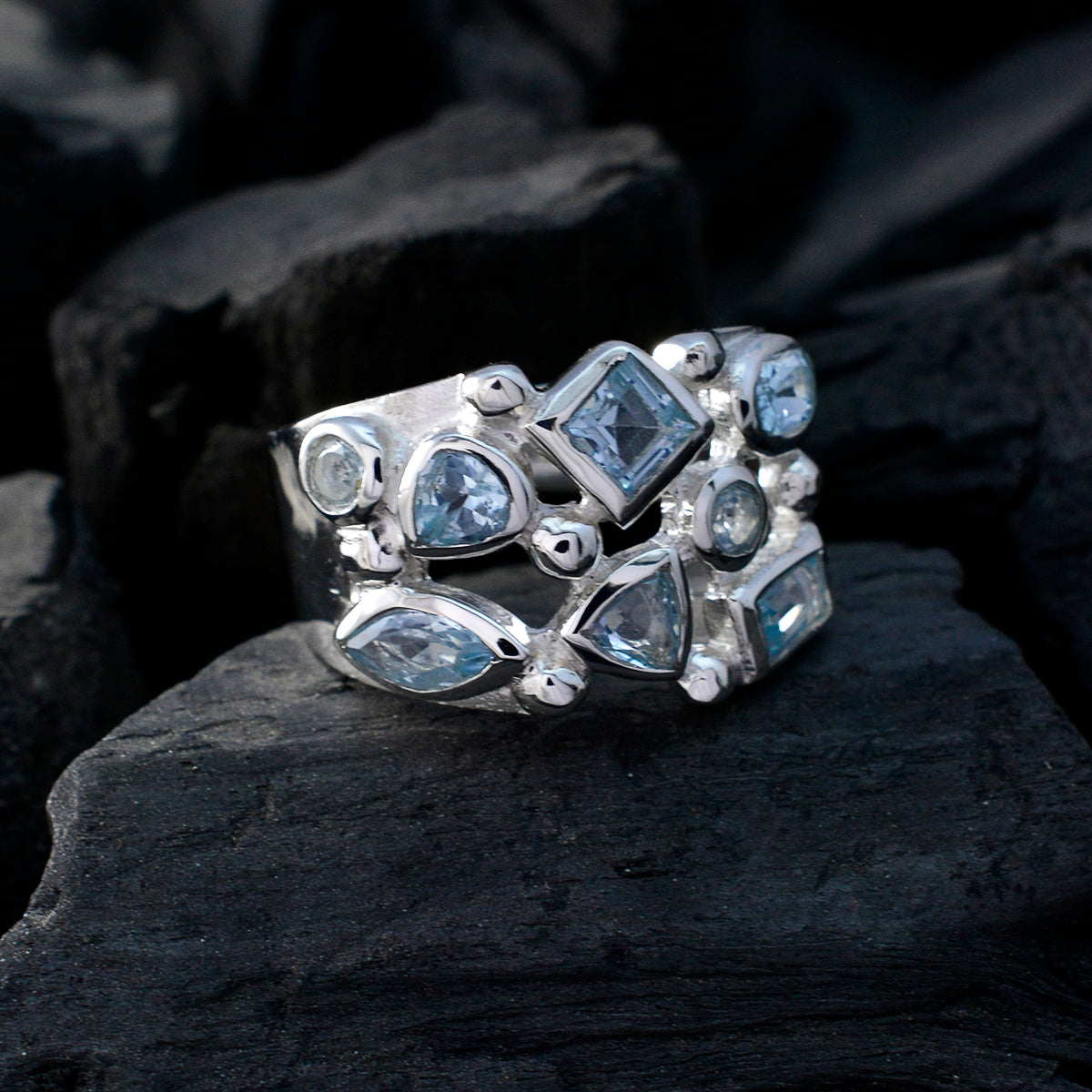 Meera sterling silver ring with multiple faceted stones and mixed shapes on trendy blue gemstone ring