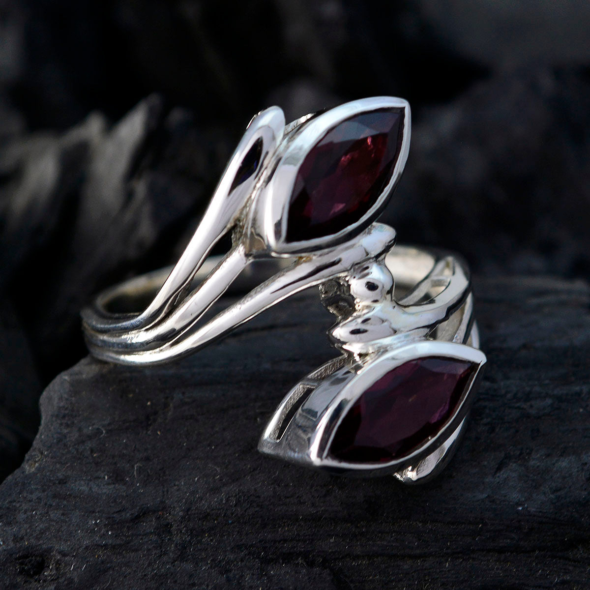 Emma contemporary red gemstone ring with dual marquise red stones set in polished silver band